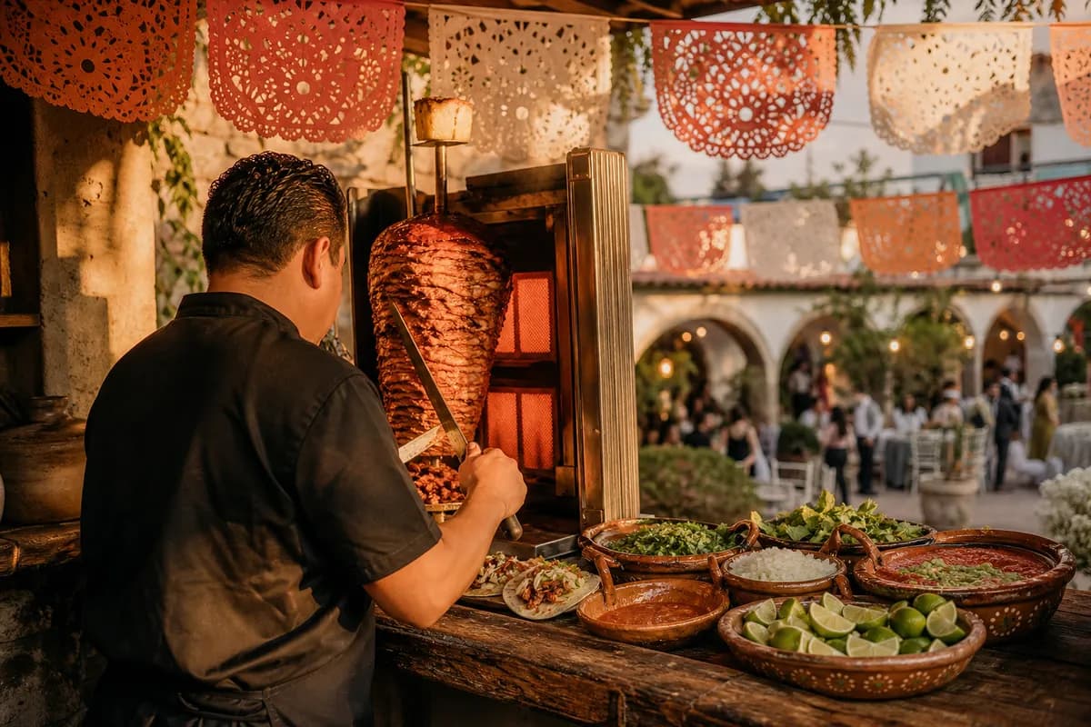 Estación de tacos al pastor en boda mexicana, taquero sirviendo con salsas, limones y papel picado
