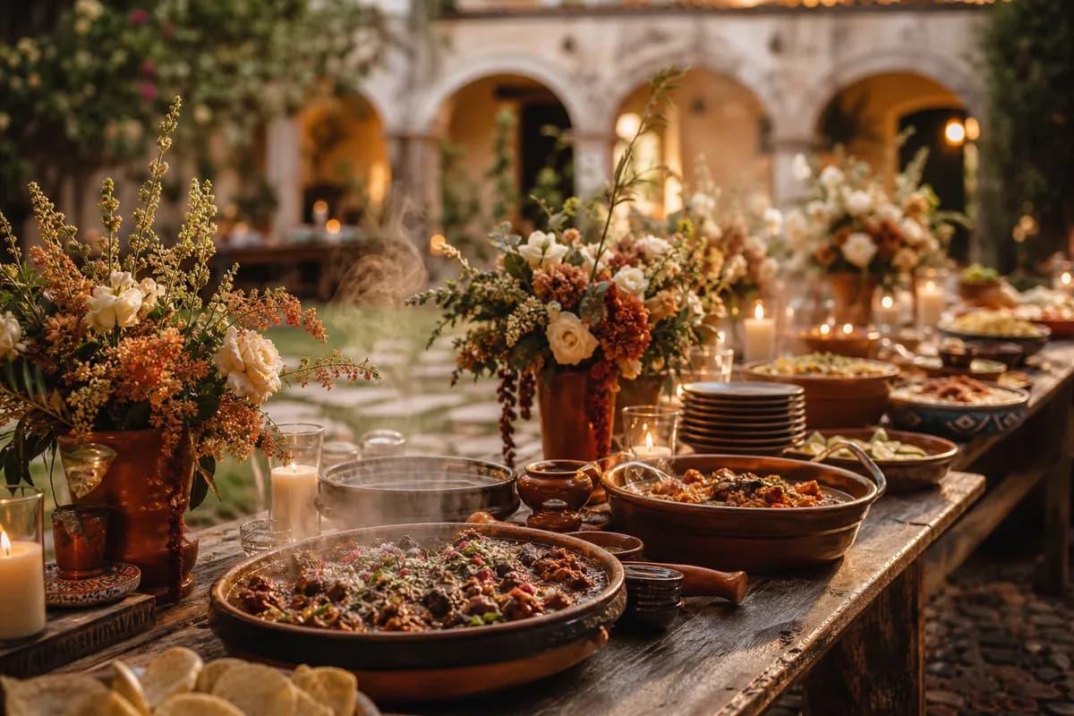 Buffet elegante de boda con cazuelas de barro y guisos mexicanos en patio de hacienda al atardecer