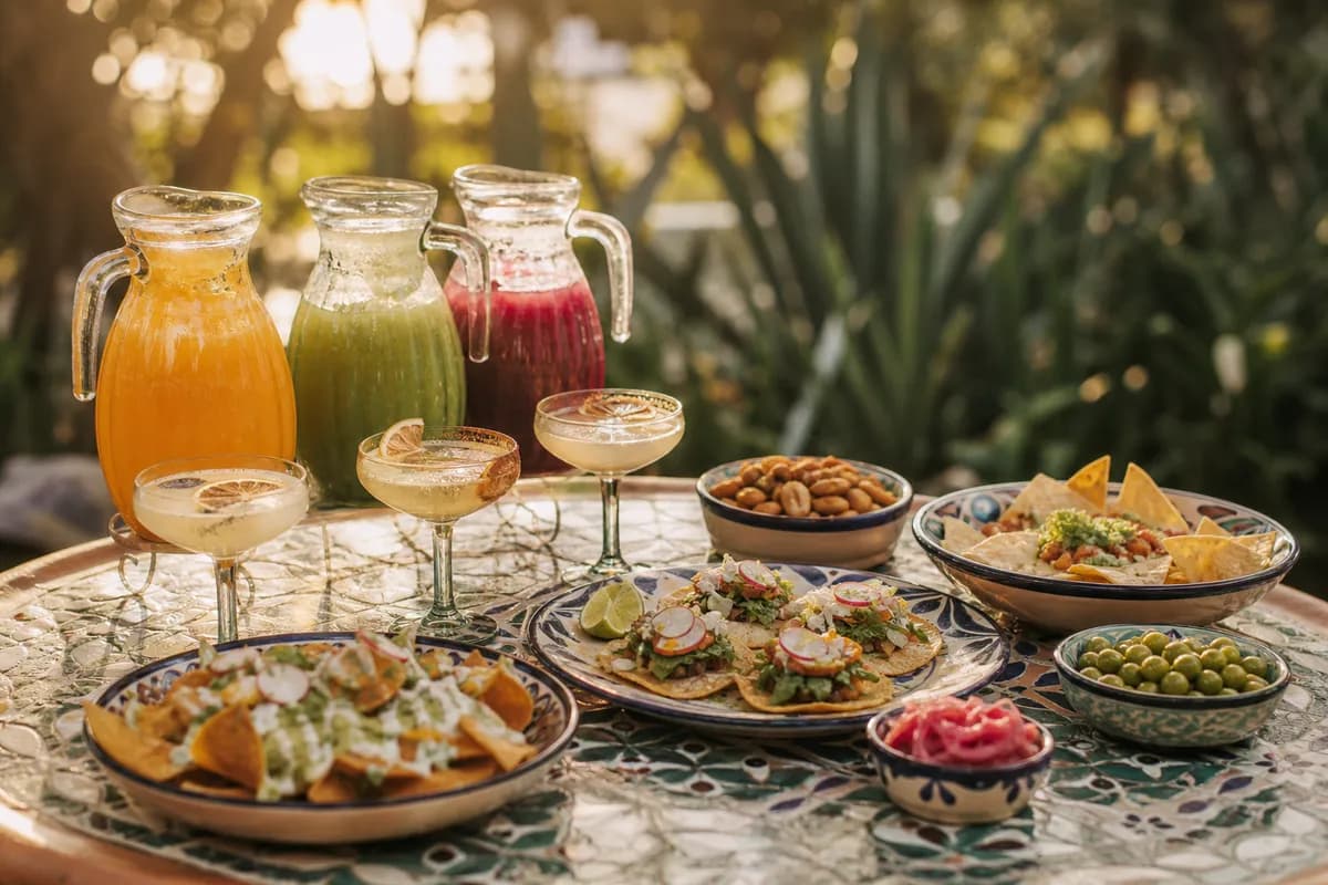Coctel de bienvenida de boda con botanas mexicanas, cocteles de mezcal y aguas frescas en jarras de vidrio