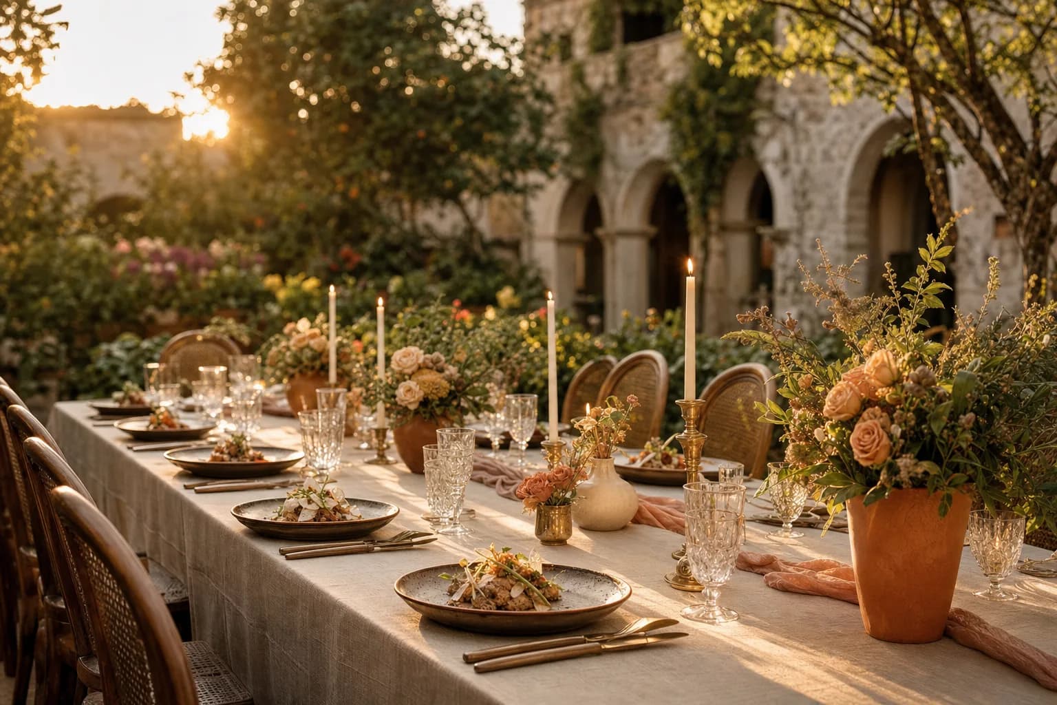 Mesa de banquete para bodas en jardín de hacienda mexicana al atardecer, con velas y flores terracota