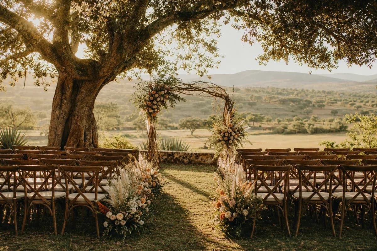 Arco ceremonial de ramas y flores silvestres para boda en rancho bajo árbol centenario
