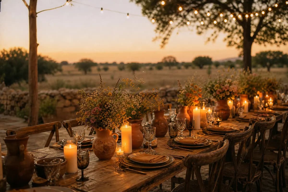 Decoración de mesa rústica para boda en rancho con velas y jarras de barro
