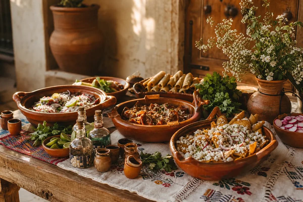 Estación de comida mexicana típica con cazuelas y mezcal para boda en rancho