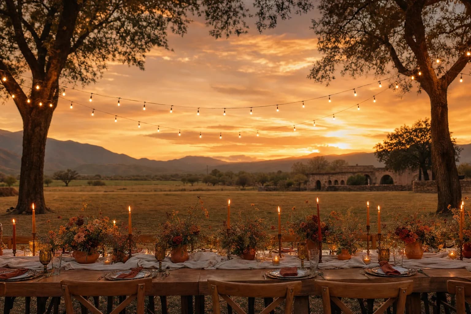 Mesa larga de boda en rancho mexicano al atardecer con velas y flores silvestres