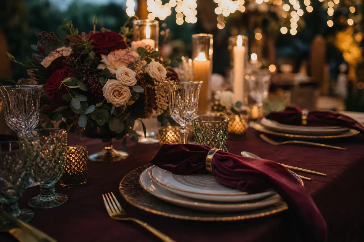 Mesa de boda nocturna burgundy con servilletas de terciopelo, cubiertos dorados y flores vino y nude