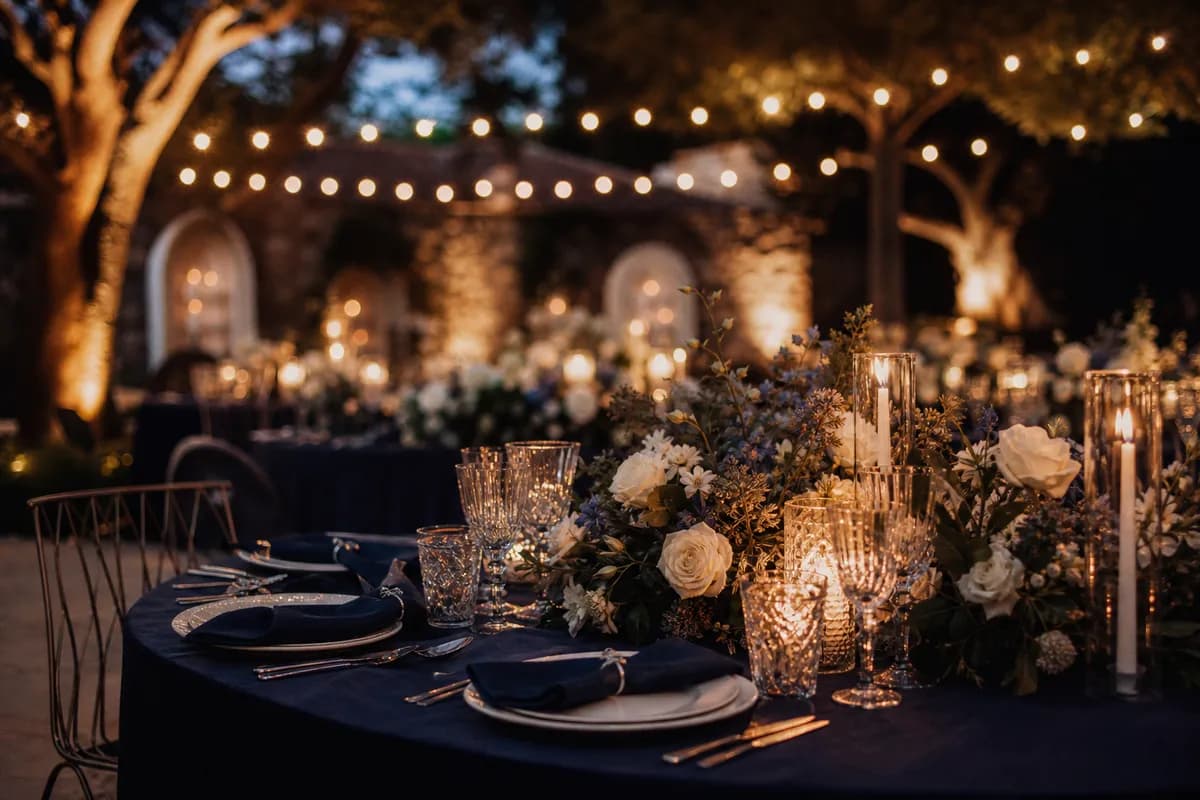 Centro de mesa de boda de noche en azul marino con velas, cristaleria y detalles plateados