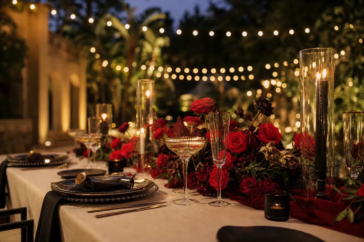 Mesa de boda nocturna cherry red con detalles champagne y negro, copas doradas y rosas rojas