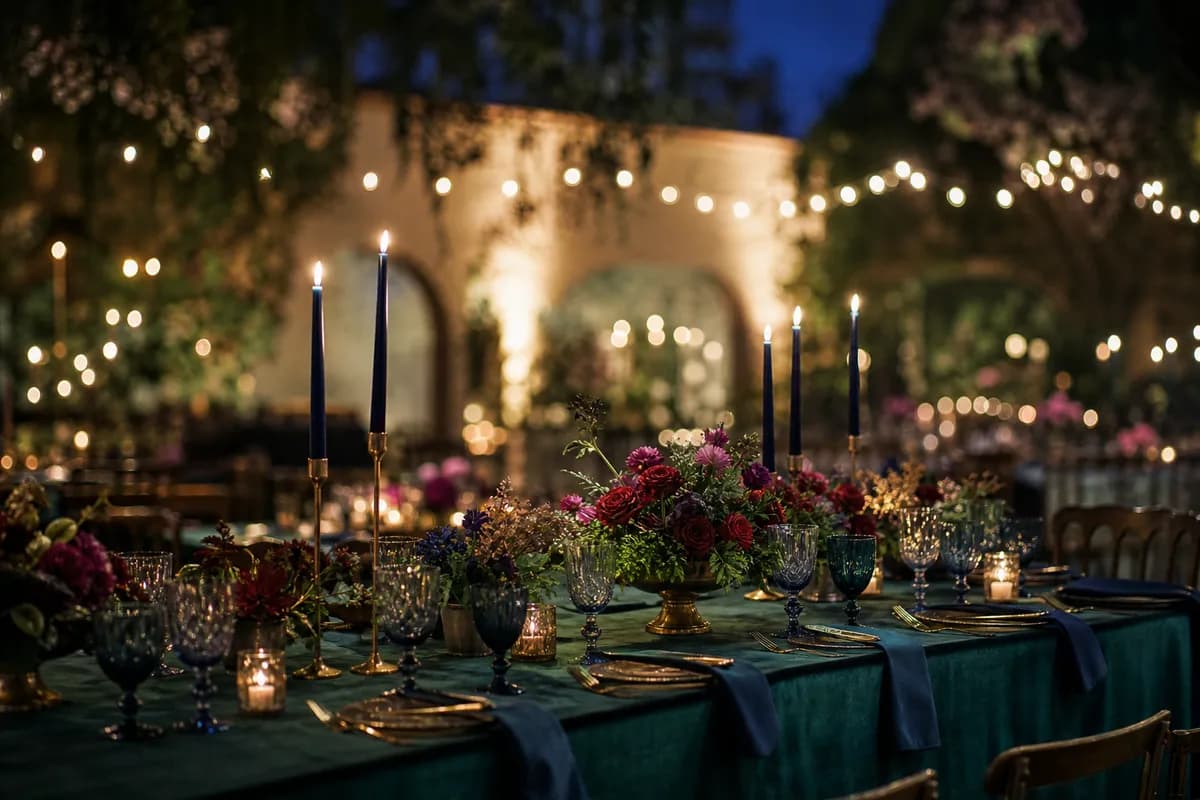 Decoracion de boda de noche en tonos joya esmeralda y zafiro con velas altas y acentos de bronce