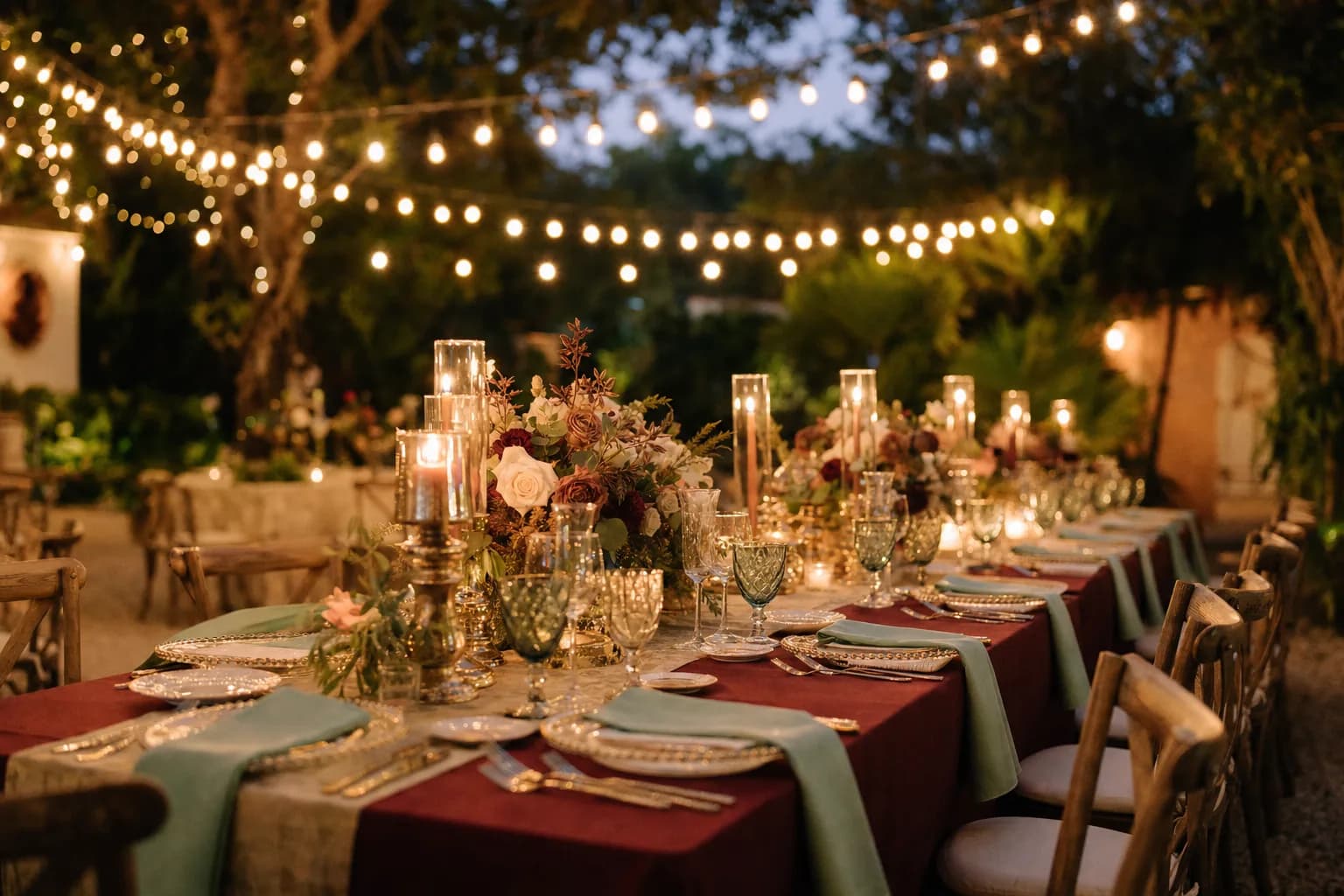 Mesa de recepcion de boda de noche con mantel burgundy, velas y luces calidas, colores para bodas de noche