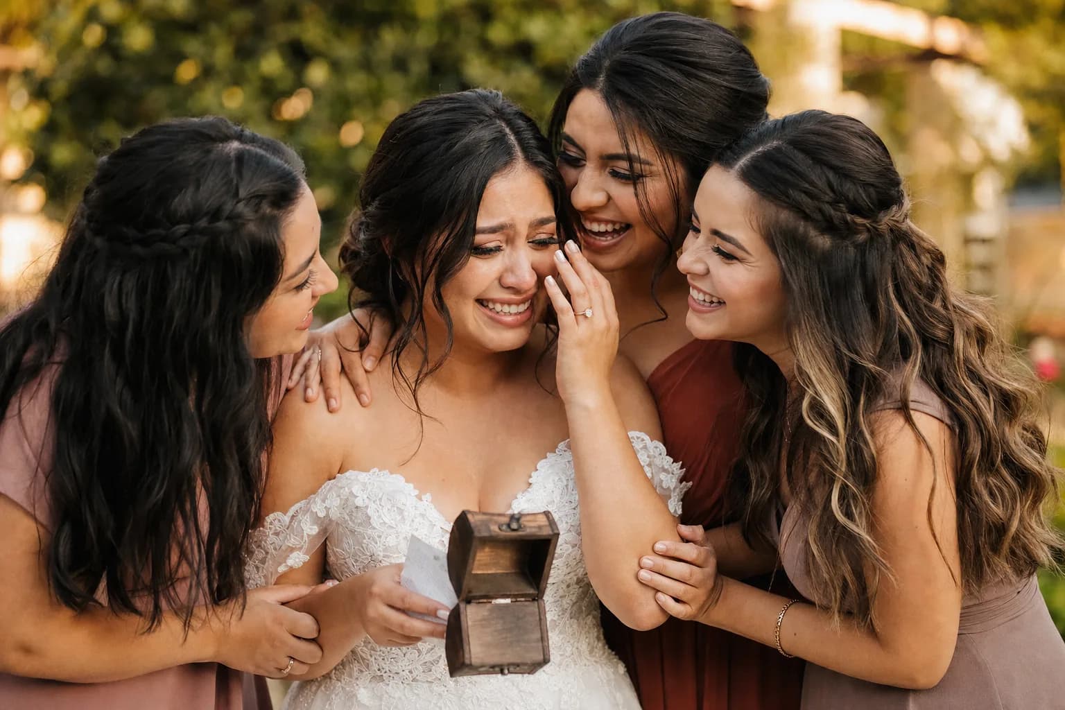 Novia emocionada abrazada por sus tres damas de honor entre risas en un jardin, sosteniendo una caja de propuesta