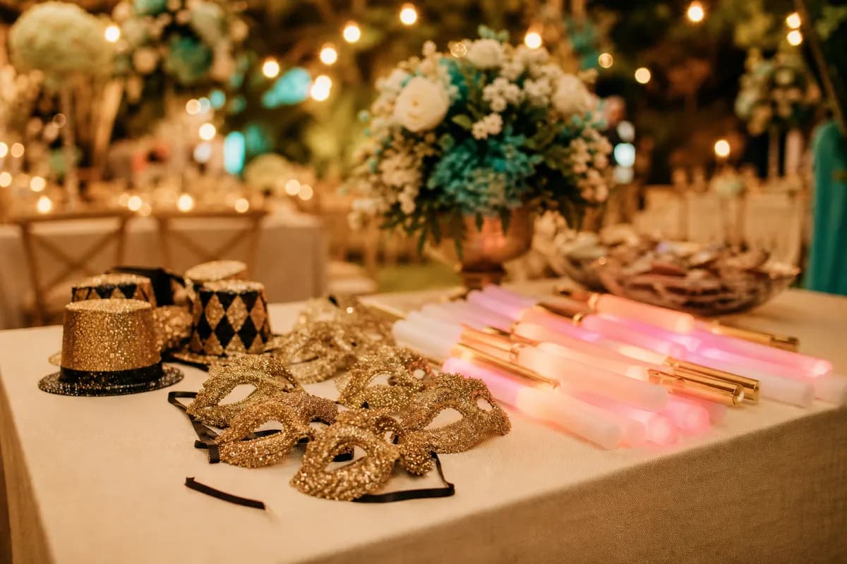 Mesa con utilería de hora loca: antifaces dorados, sombreros de fiesta y luces LED rosa y dorado