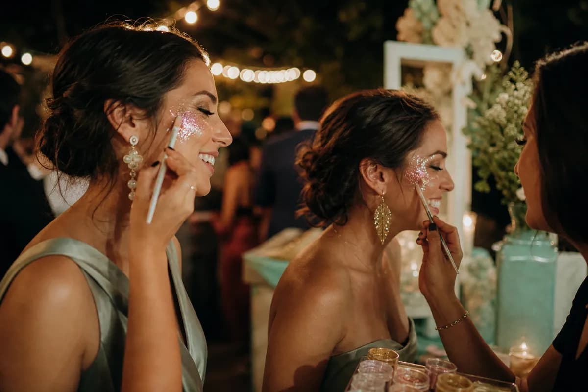 Estación de glitter bar en boda con invitadas riendo mientras reciben brillo en las mejillas