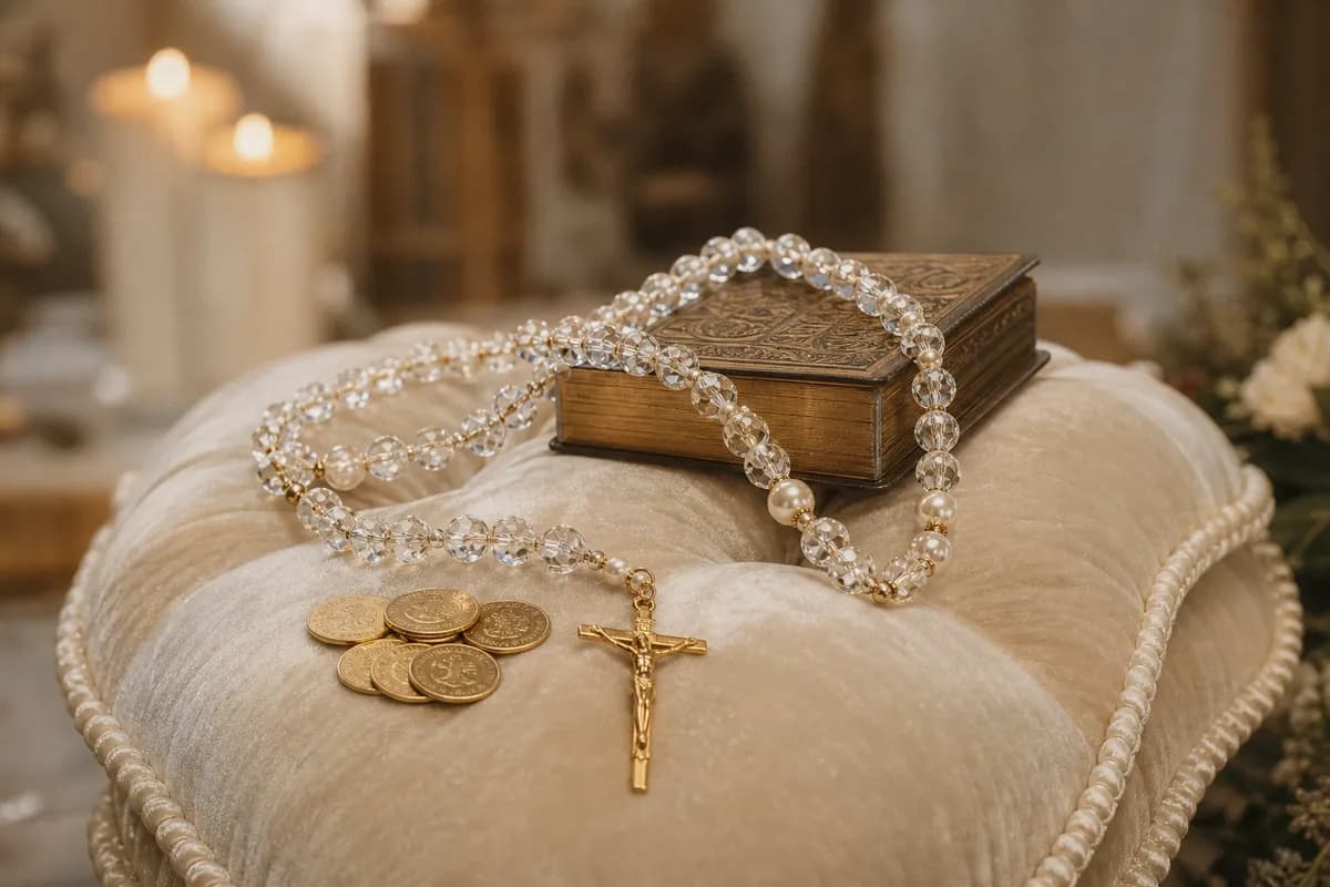 Lazo de boda tipo rosario de cristal y perlas con crucifijo dorado, biblia y arras sobre cojín marfil