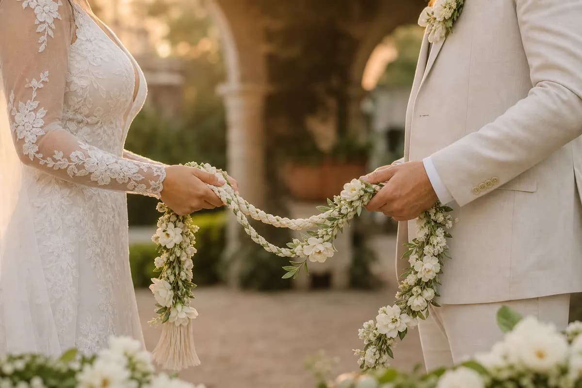 Lazo floral de boda con flores blancas sostenido por los novios en jardín de hacienda al atardecer