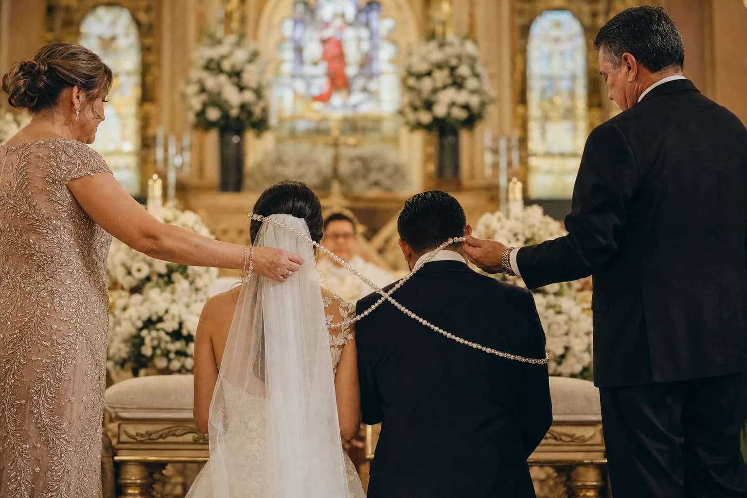 Padrinos colocando el lazo de boda de cristal y perlas sobre los novios arrodillados en iglesia mexicana