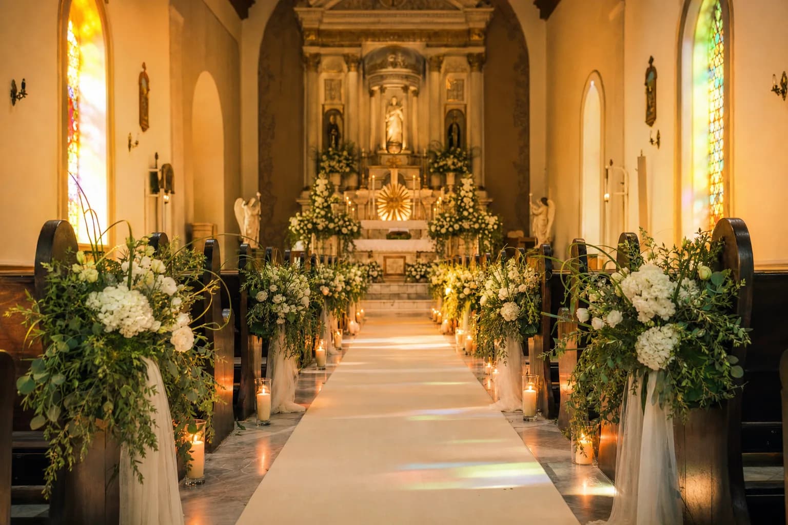 Pasillo de iglesia decorado para boda con flores blancas, velas y alfombra clara al atardecer