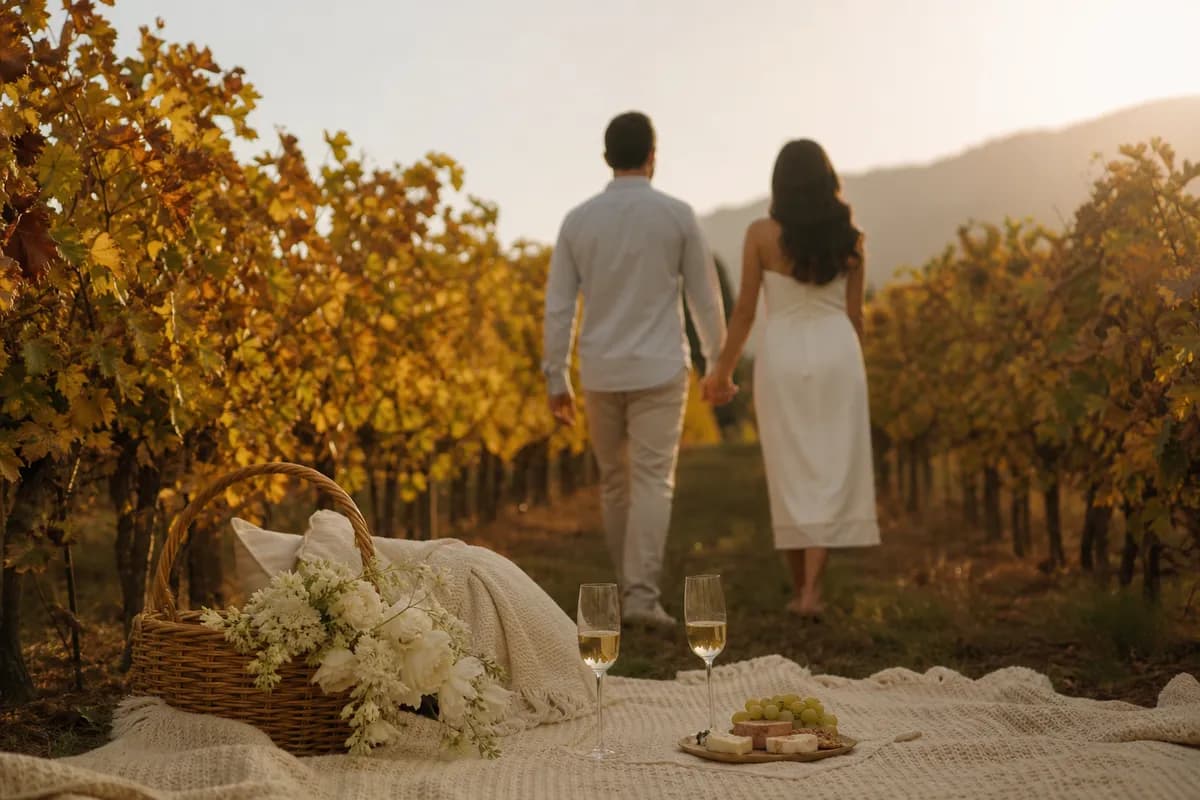 Escena de pedida de matrimonio en viñedo mexicano con picnic entre las vides en otoño
