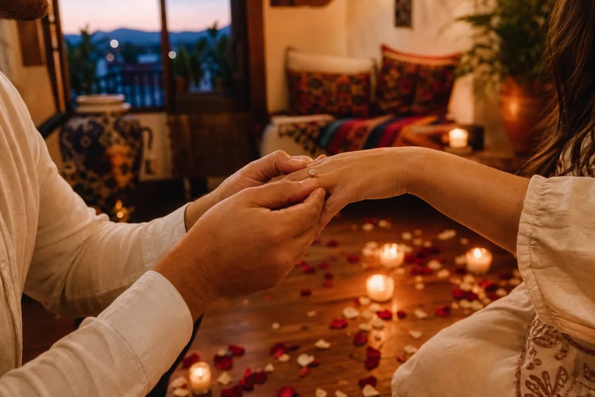 Manos de pareja con anillo de compromiso entre pétalos y velas en una sala acogedora