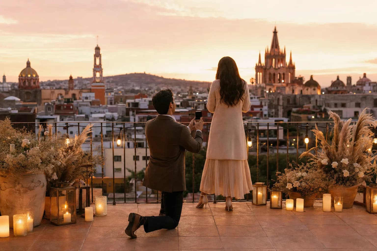 Pedida de matrimonio en terraza al atardecer, hombre de rodillas con anillo frente a su pareja