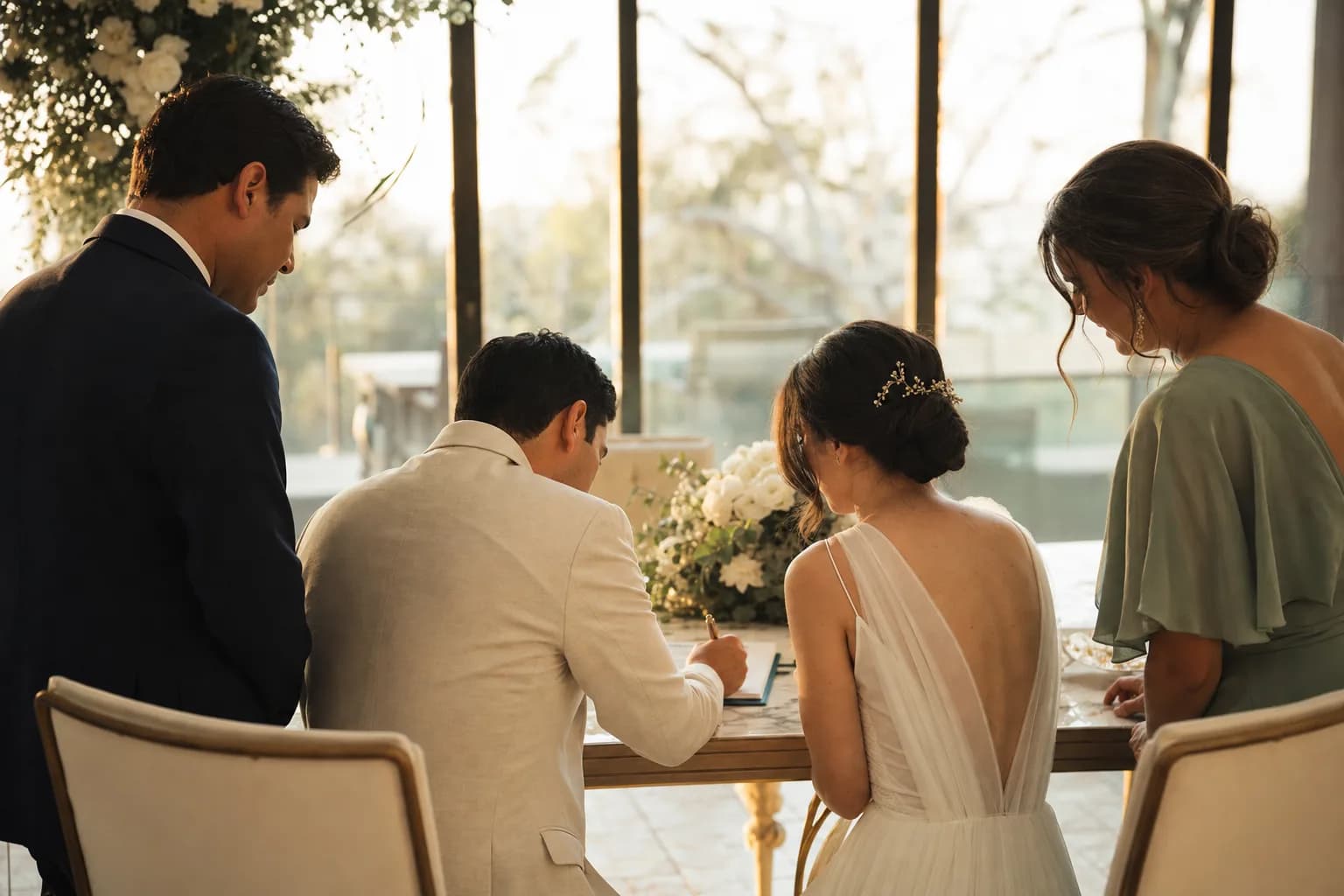 Novios firmando el acta con testigos de boda civil junto a la mesa del juez, luz calida y flores blancas