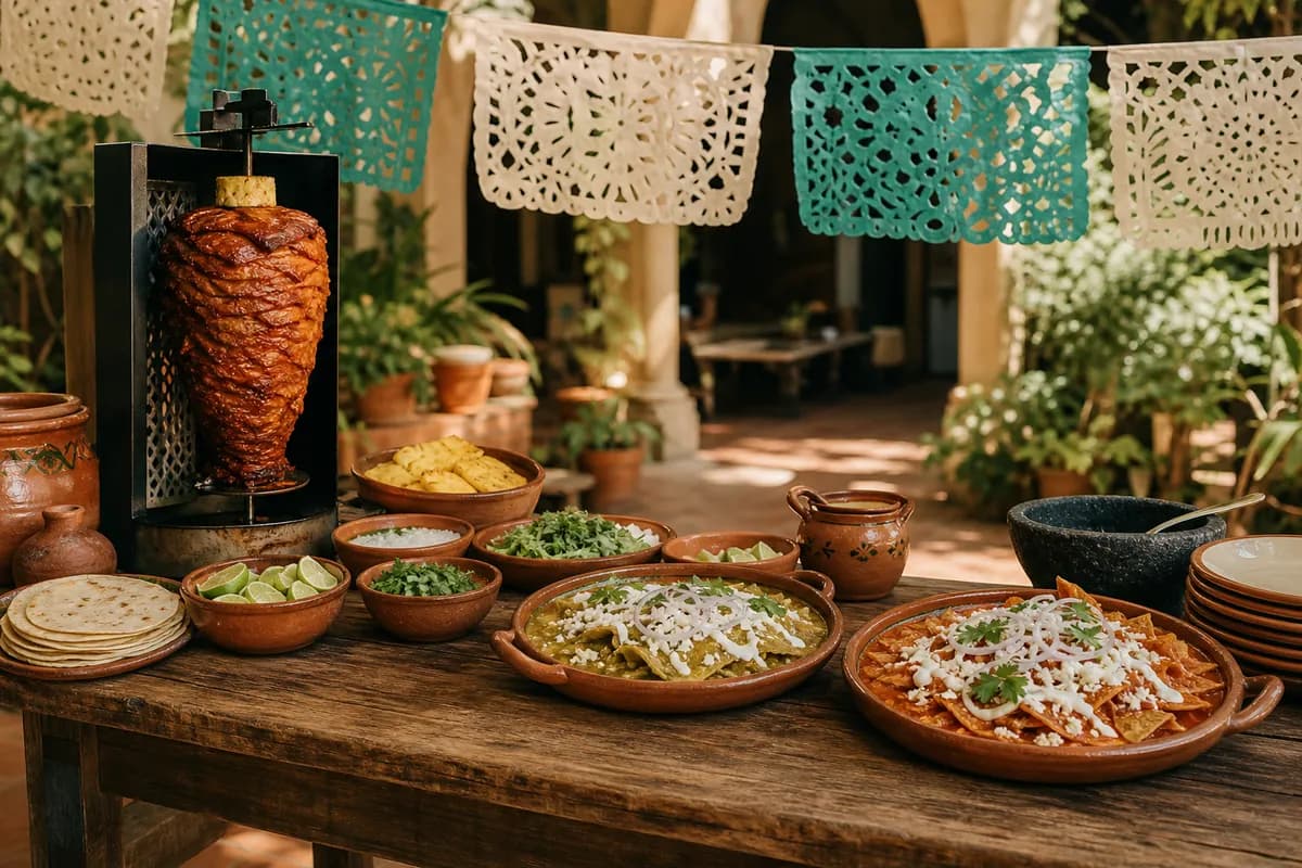 Barra de chilaquiles y tacos al pastor para tornaboda con papel picado en jardín de hacienda