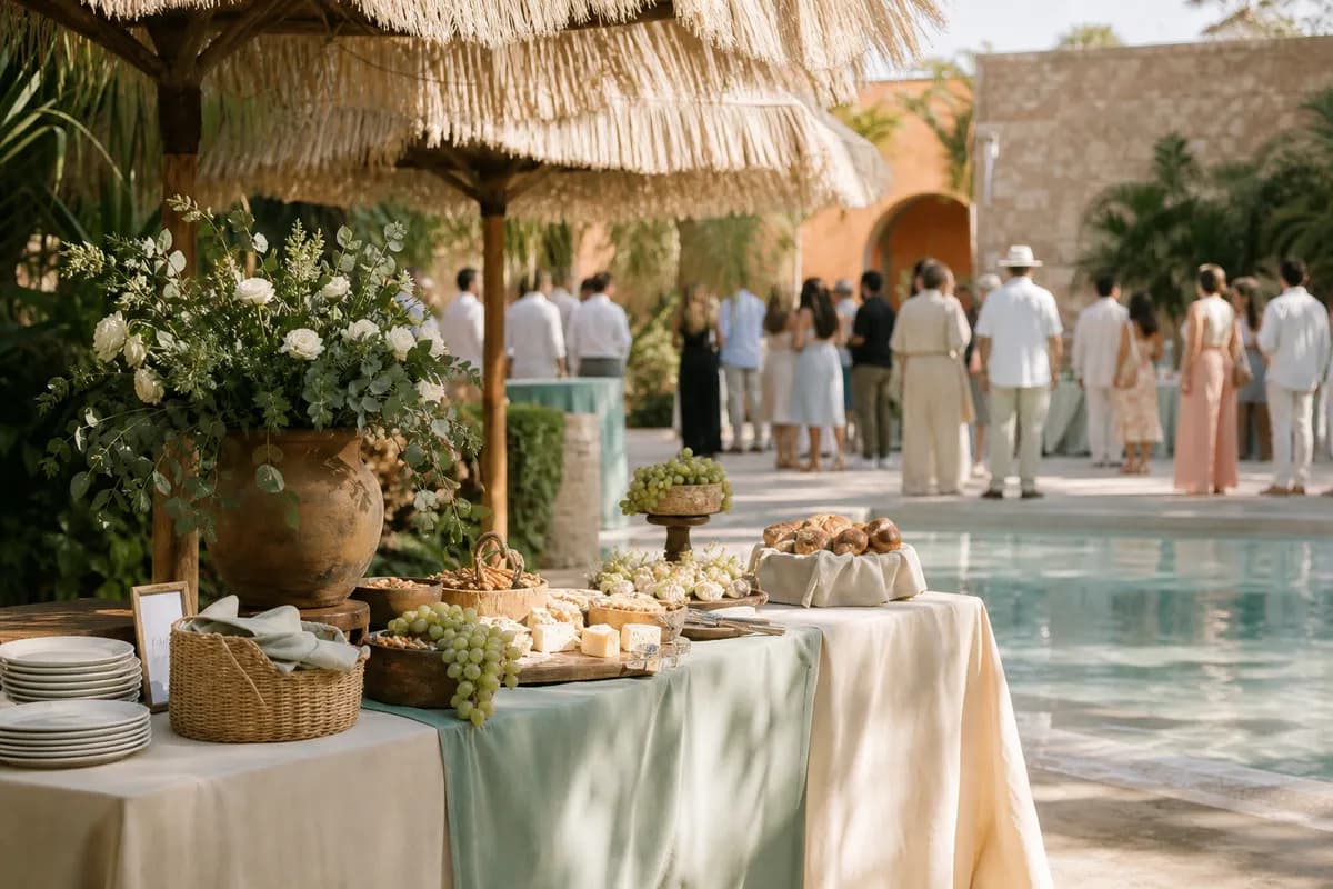 Brunch de tornaboda junto a la alberca con estación de quesos y frutas para invitados