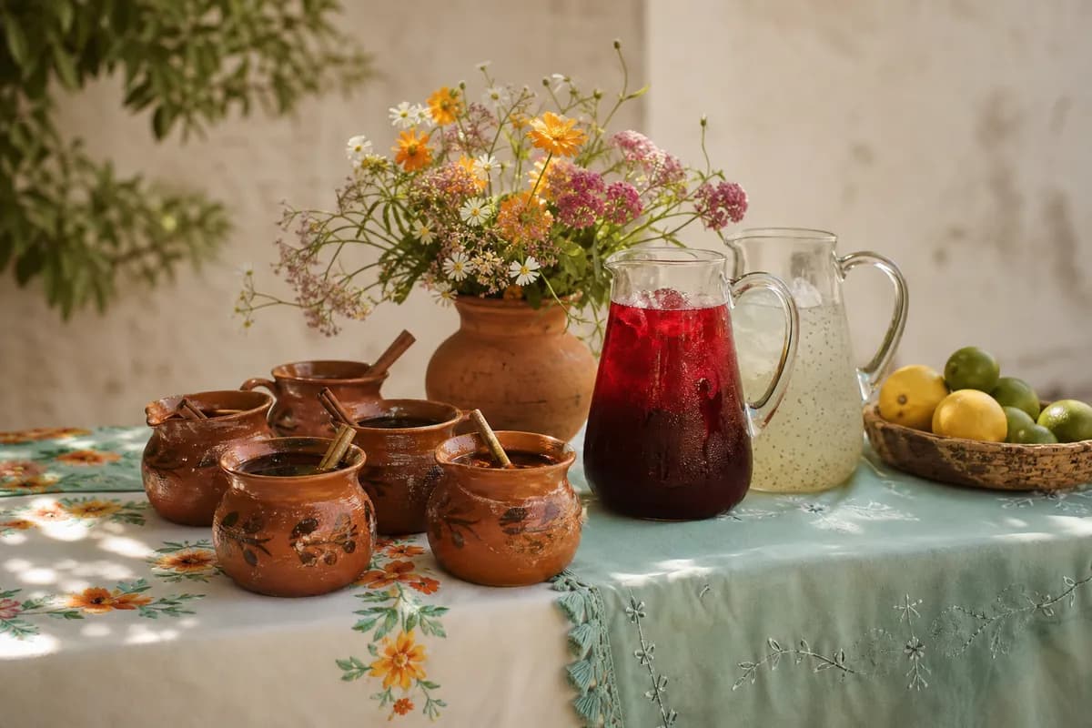 Mesa de tornaboda con café de olla, aguas frescas y flores silvestres sobre mantel bordado