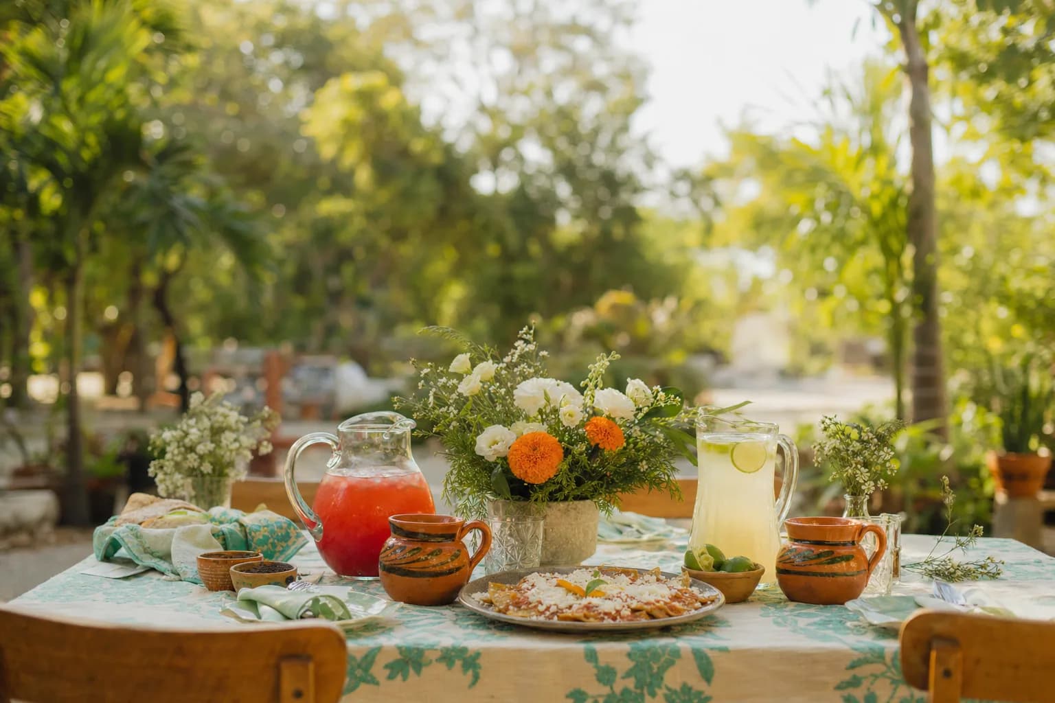 Mesa de tornaboda con chilaquiles, jarritos de barro y aguas frescas en jardín mexicano al aire libre