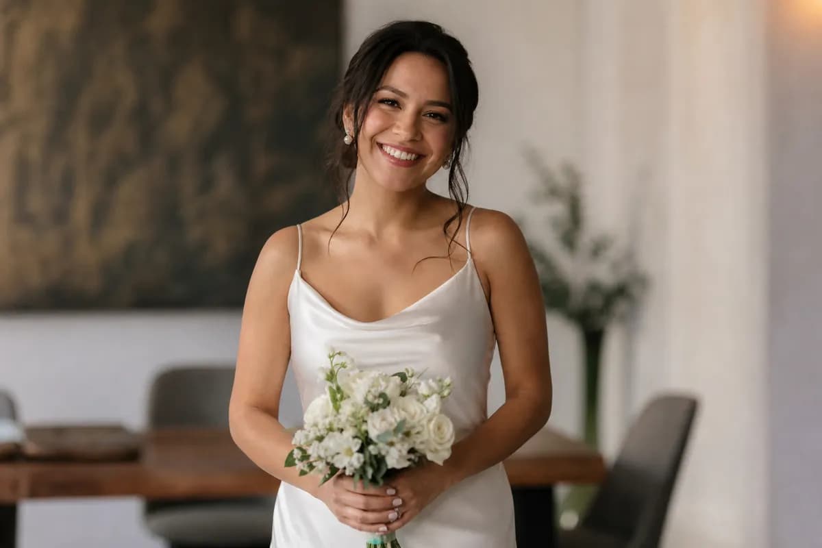 Novia con slip dress marfil y ramo blanco en un registro civil, vestido blanco para boda civil