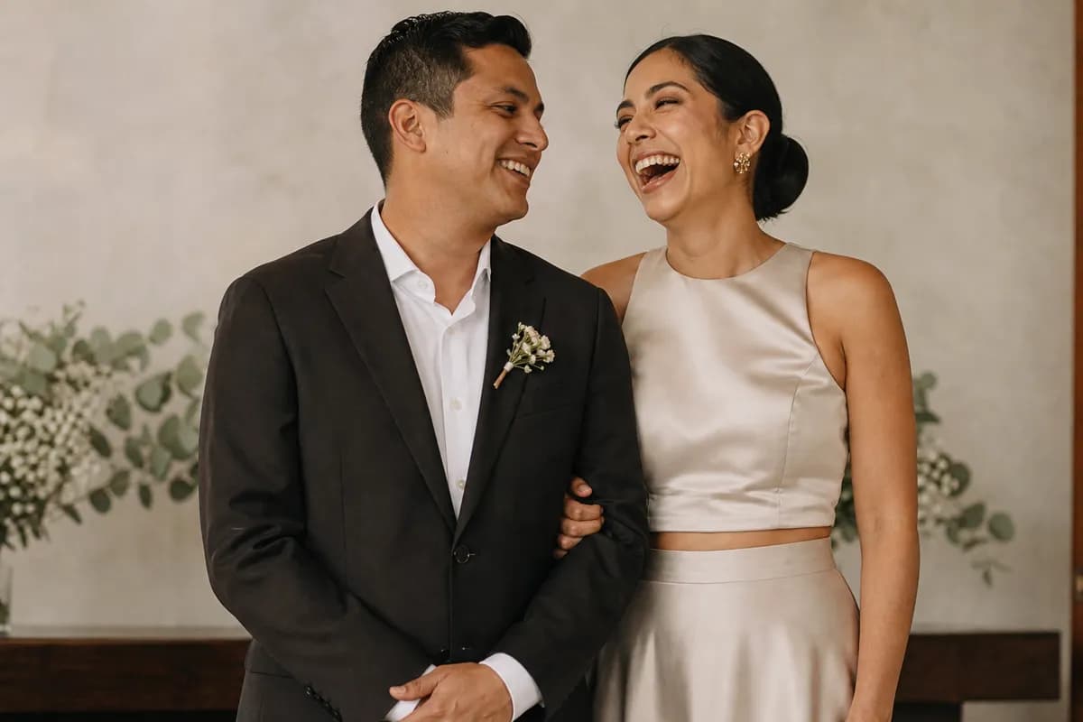 Novia riendo junto a su pareja con conjunto de dos piezas champagne en boda civil
