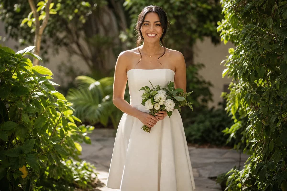 Novia con vestido midi blanco corte A en un jardin luminoso, look de boda civil
