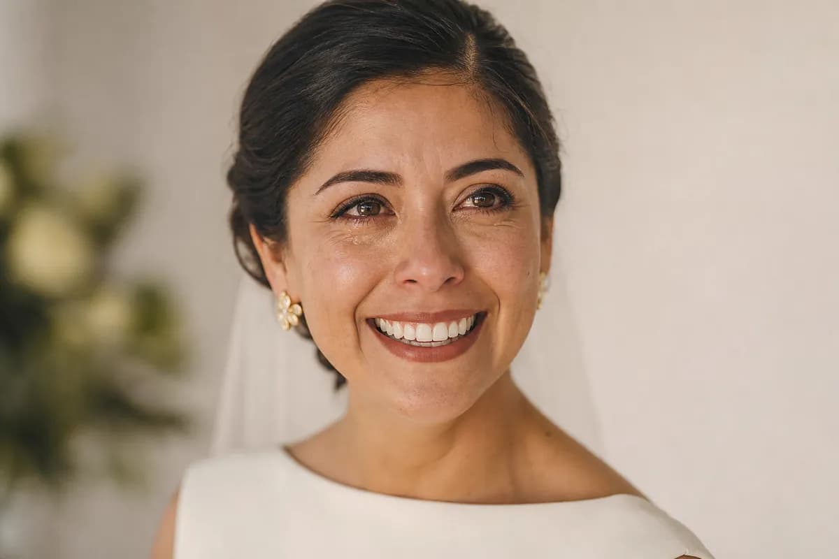 Retrato de novia emocionada con vestido columna blanco hueso y accesorios dorados