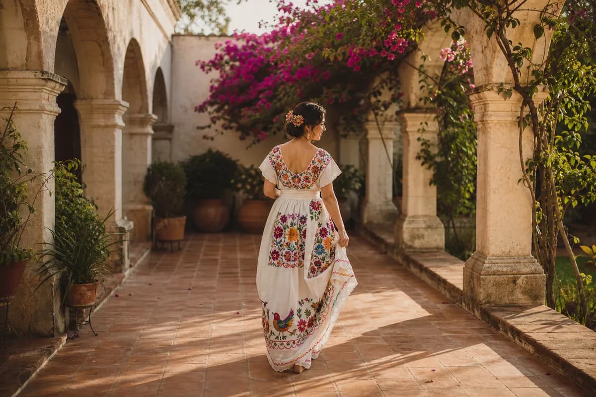 Novia con vestido bordado estilo tenango multicolor caminando en hacienda oaxaqueña