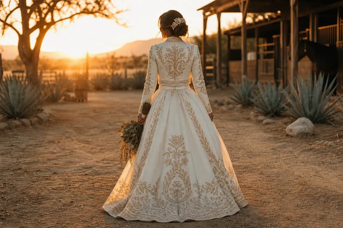 Vestido de novia con bordado dorado estilo charro en rancho mexicano al atardecer