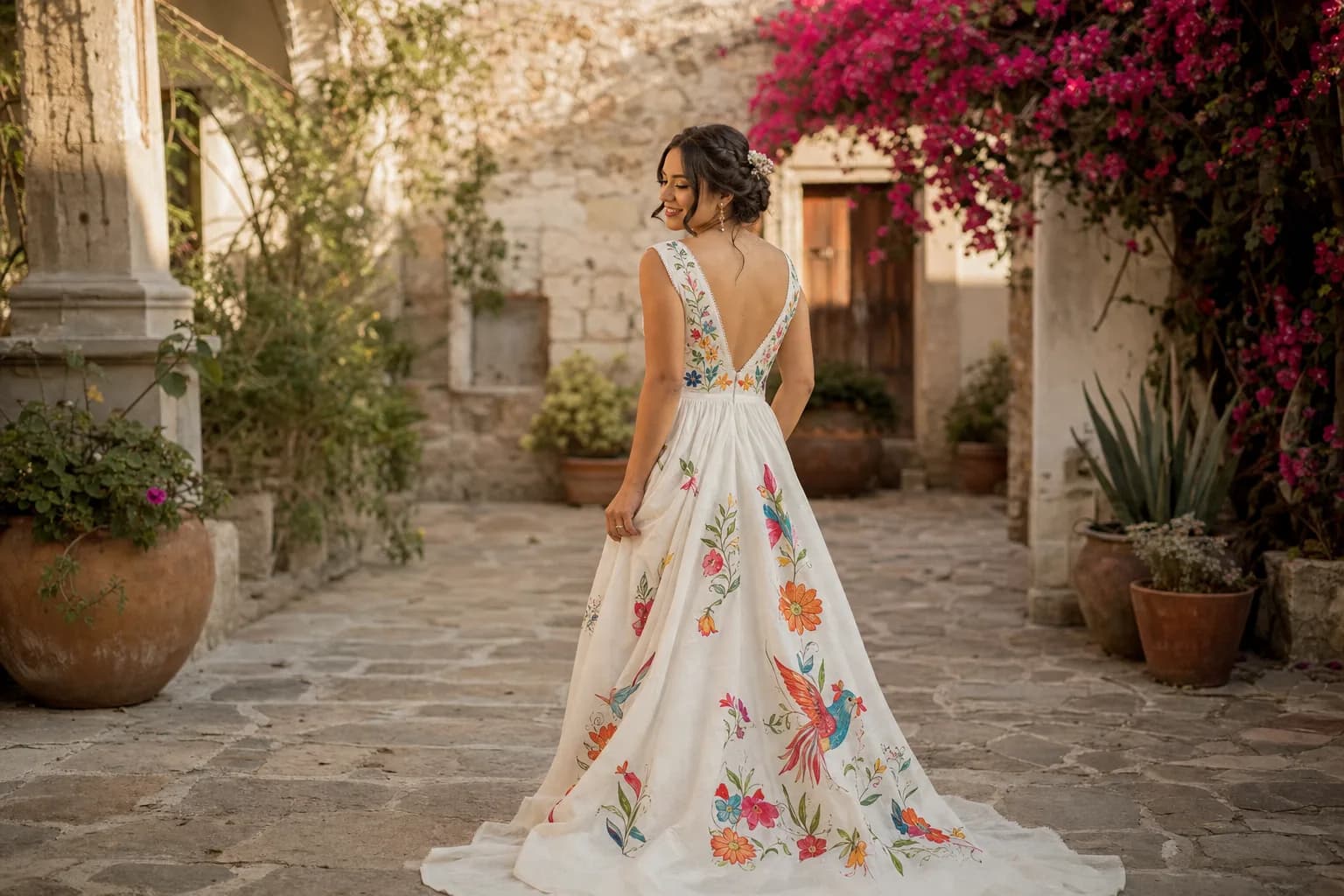 Vestido de novia bordado mexicano estilo tenango en patio de hacienda al atardecer